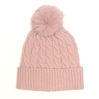 50% recycled pale pink cable knit and faux fur bobble hat by Peace of Mind